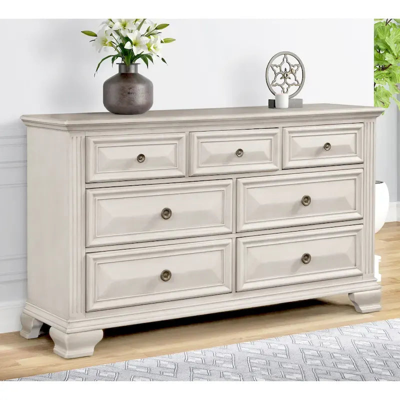 Distressed Parchment Wood Bedroom Set, Panel Bed, Dresser, Mirror, Nightstand
