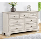 Distressed Parchment Wood Bedroom Set, Panel Bed, Dresser, Mirror, Nightstand