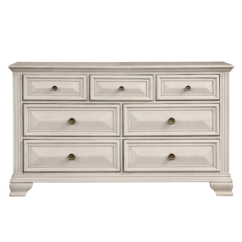 Distressed Parchment Wood Bedroom Set, Panel Bed, Dresser, Mirror, Nightstand