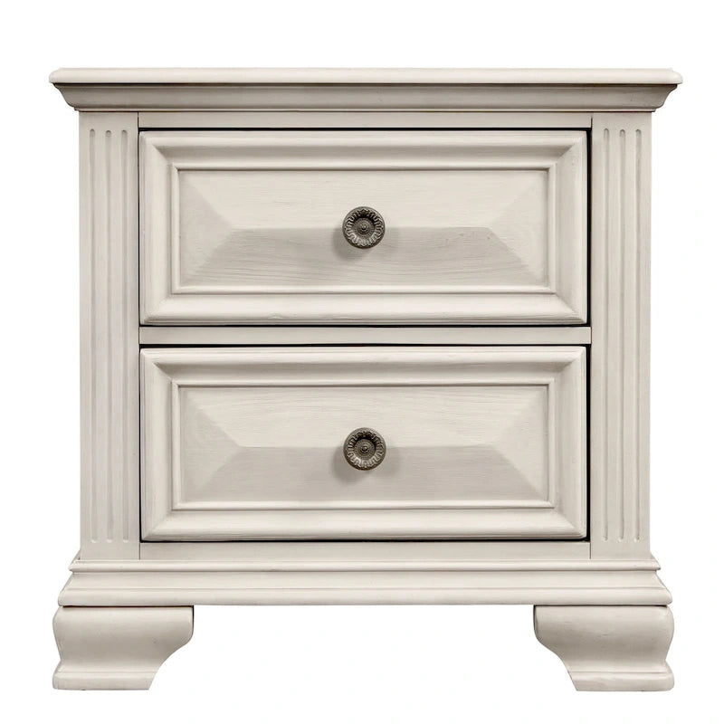 Distressed Parchment Wood Bedroom Set, Panel Bed, Dresser, Mirror, Nightstand
