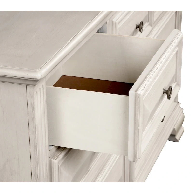 Distressed Parchment Wood Bedroom Set, Panel Bed, Dresser, Mirror, Nightstand
