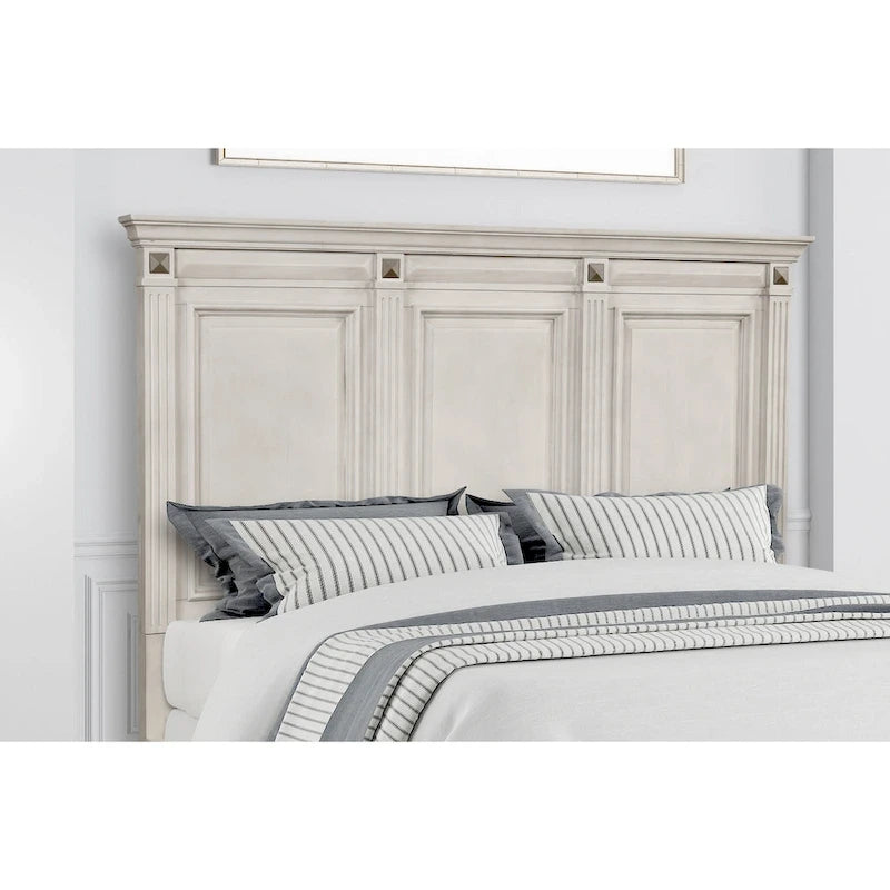 Distressed Parchment Wood Bedroom Set, Panel Bed, Dresser, Mirror, Nightstand