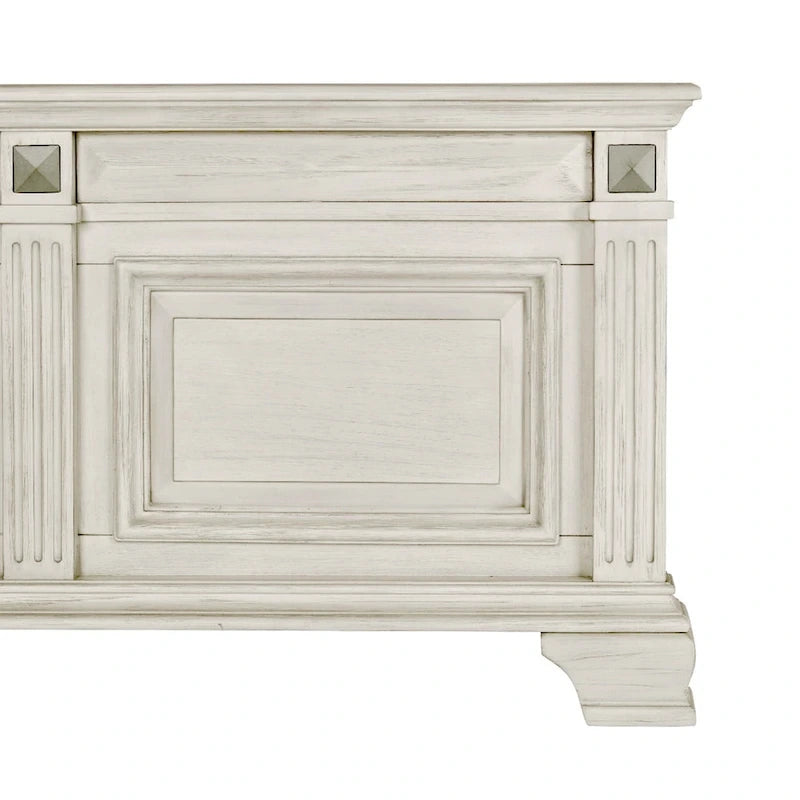 Distressed Parchment Wood Bedroom Set, Panel Bed, Dresser, Mirror, Nightstand