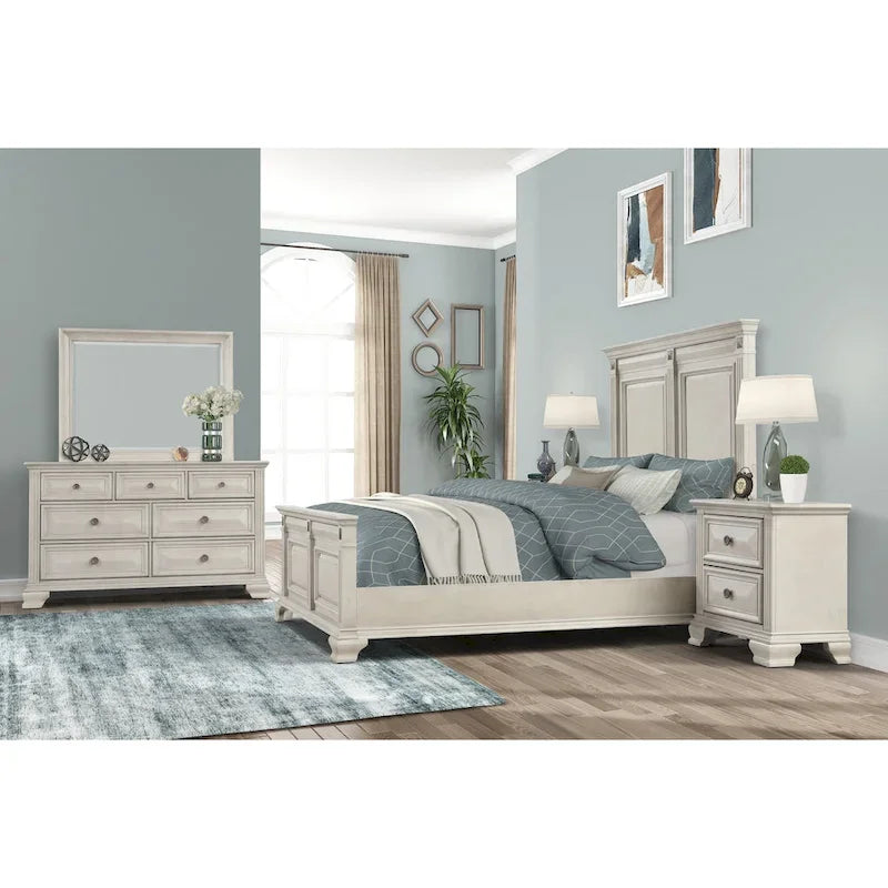 Distressed Parchment Wood Bedroom Set, Panel Bed, Dresser, Mirror, Nightstand