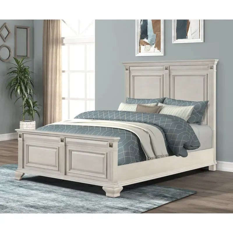 Distressed Parchment Wood Bedroom Set, Panel Bed, Dresser, Mirror, Nightstand