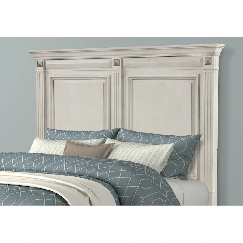 Distressed Parchment Wood Bedroom Set, Panel Bed, Dresser, Mirror, Nightstand