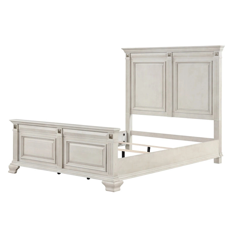 Distressed Parchment Wood Bedroom Set, Panel Bed, Dresser, Mirror, Nightstand