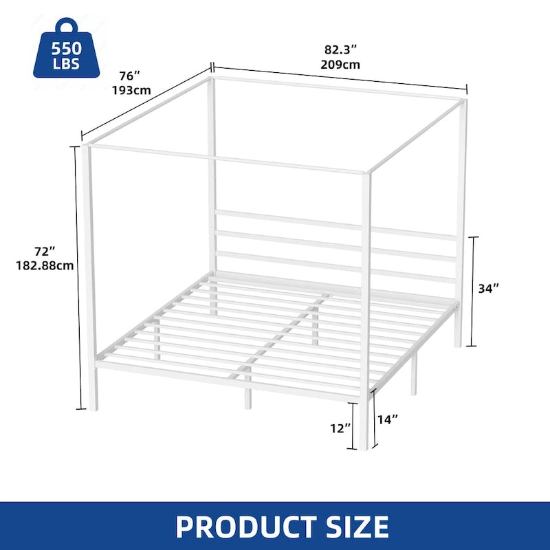 King White Metal Canopy Platform Bed Frame