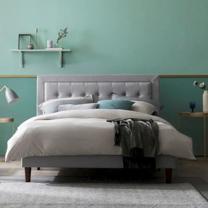 Grey Sand Upholstered Beige Button-tufted Premium Platform Bed