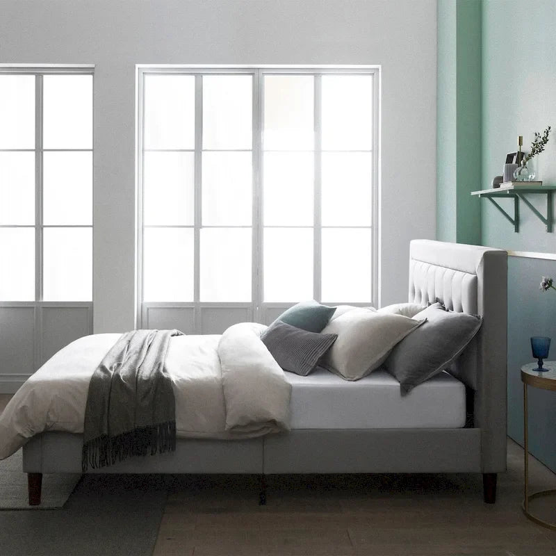 Grey Sand Upholstered Beige Button-tufted Premium Platform Bed