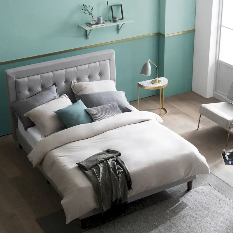 Grey Sand Upholstered Beige Button-tufted Premium Platform Bed