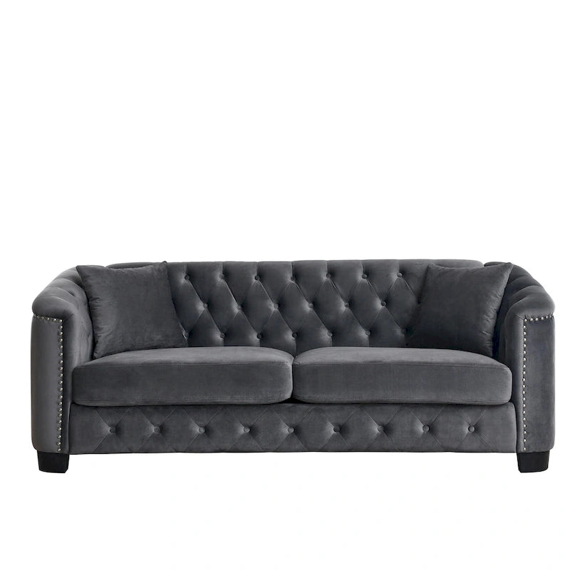 77-Inch Modern Chesterfield Velvet Sofa, 3-Seater Sofa, Upholstered Tufted Backrests with Nailhead Arms and 2 Cushions for Livin