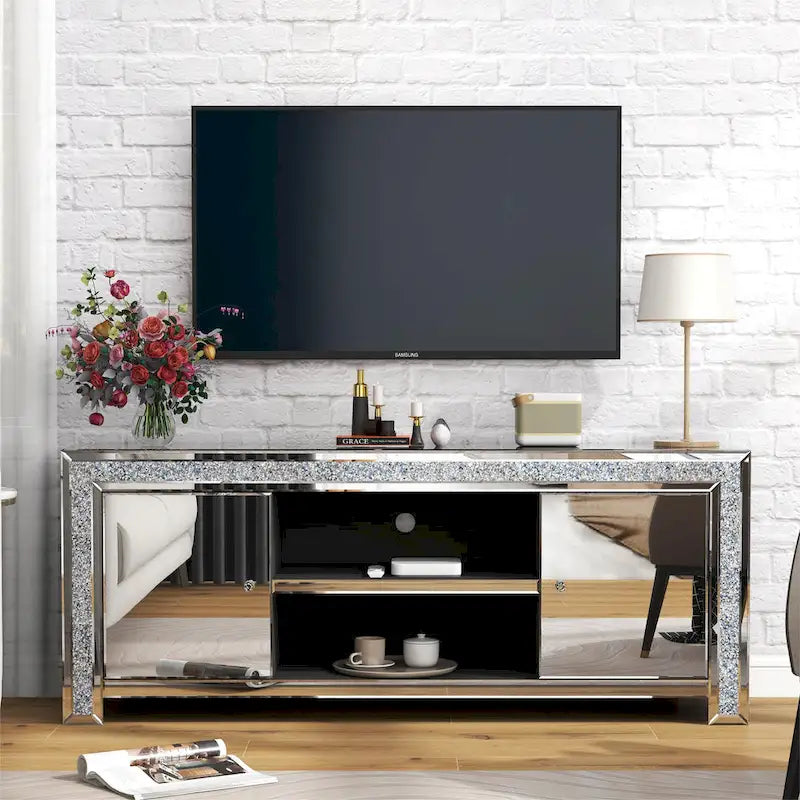 59  Media Console Mirrored Diamond Tv Stand