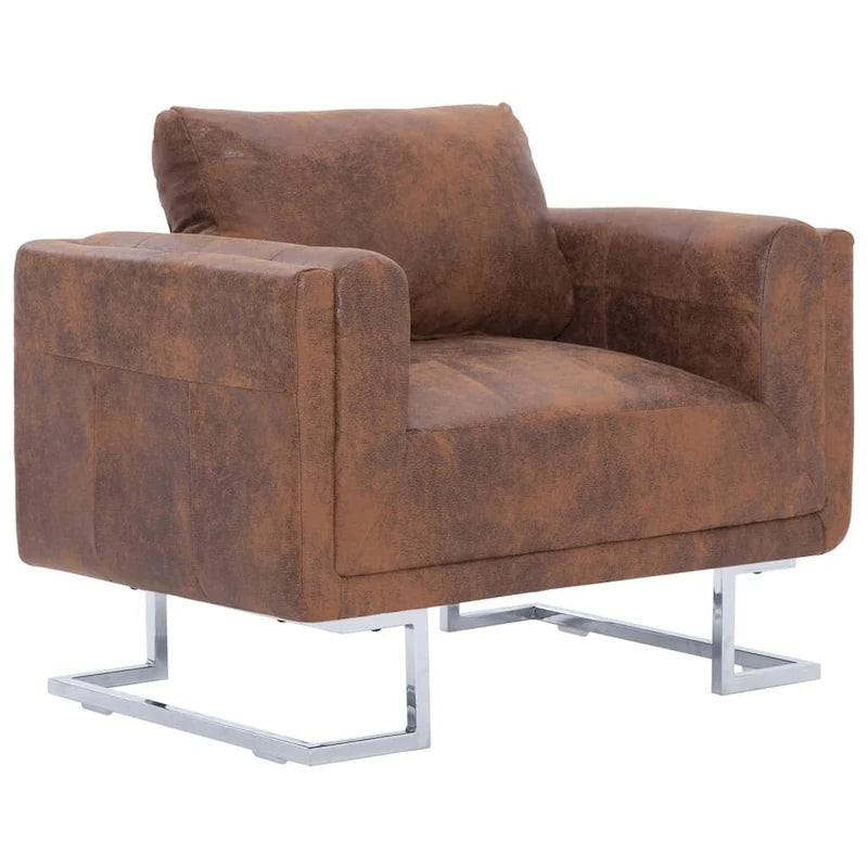Cube Armchair Brown Faux Suede Leather - 33  x 24.4  x 28.7