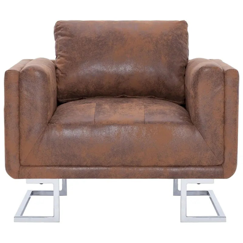 Cube Armchair Brown Faux Suede Leather - 33  x 24.4  x 28.7