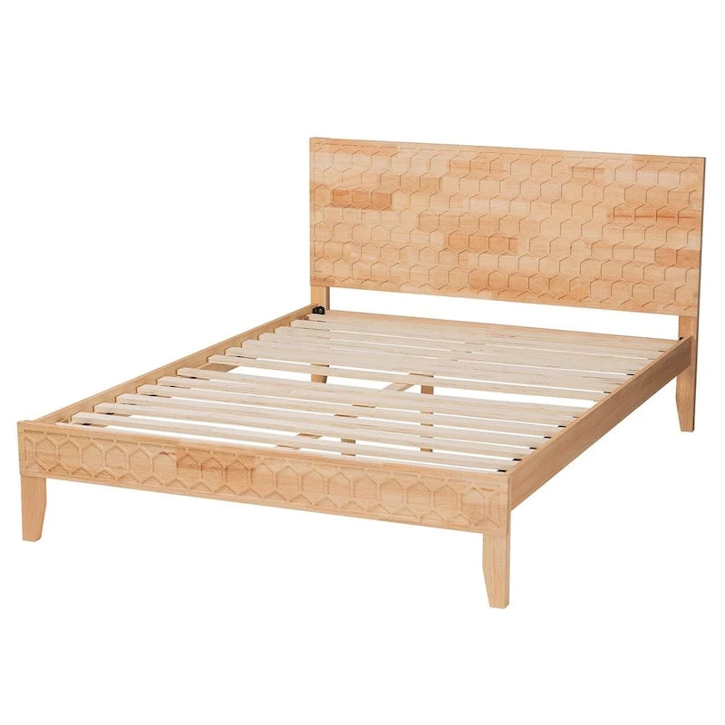 Hosea Japandi Carved Honeycomb Natural Queen Size Platform Bed