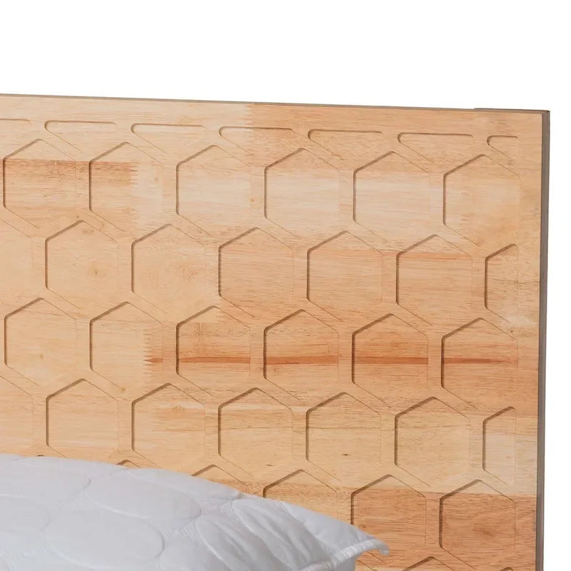Japandi Carved Honeycomb Natural Queen Size Platform Bed