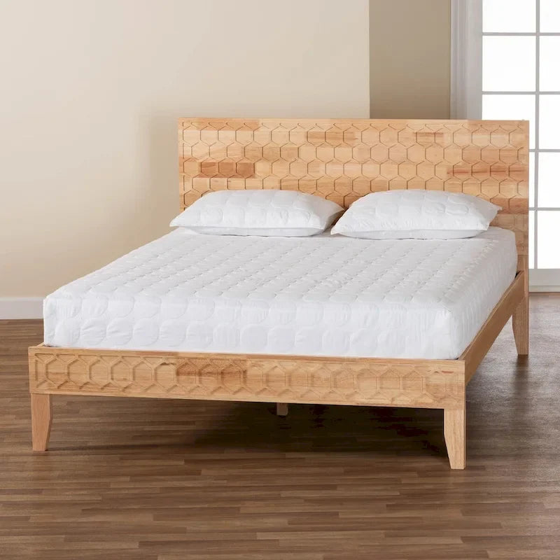 Japandi Carved Honeycomb Natural Queen Size Platform Bed