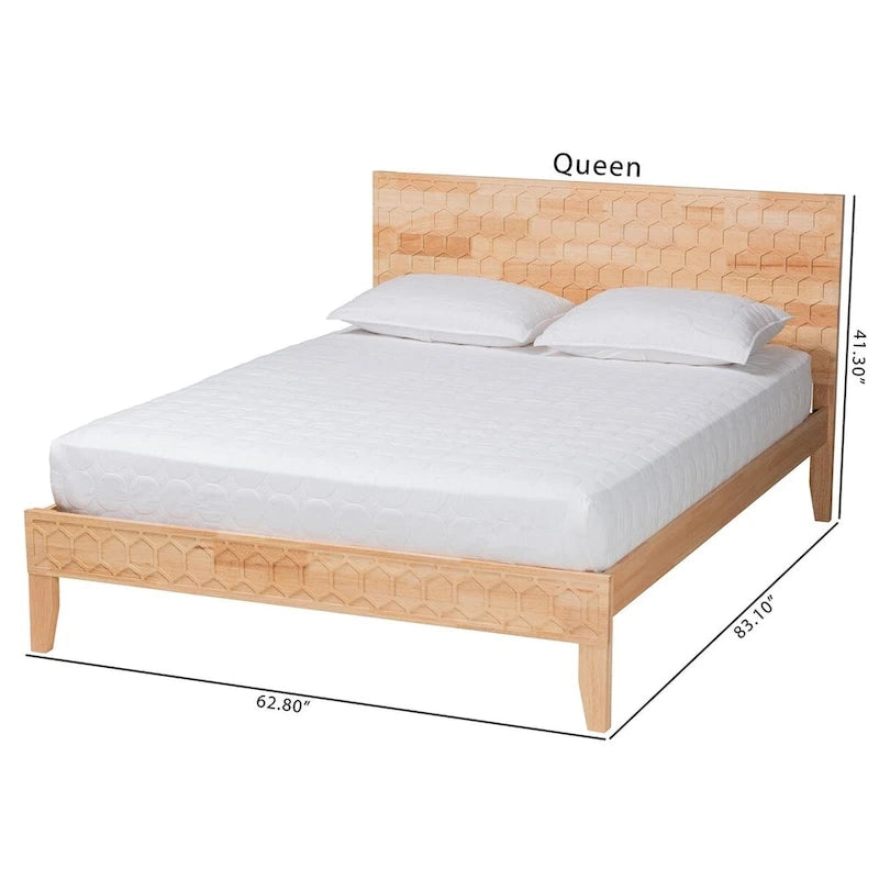 Japandi Carved Honeycomb Natural Queen Size Platform Bed