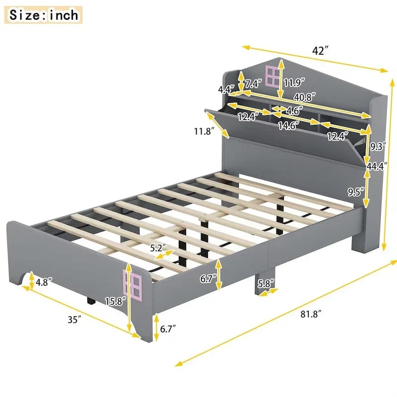 3-Pieces Bedroom Sets Twin Size House Bed with Storage Headboard, Wooden Nightstand and Storage Dresser,Gray