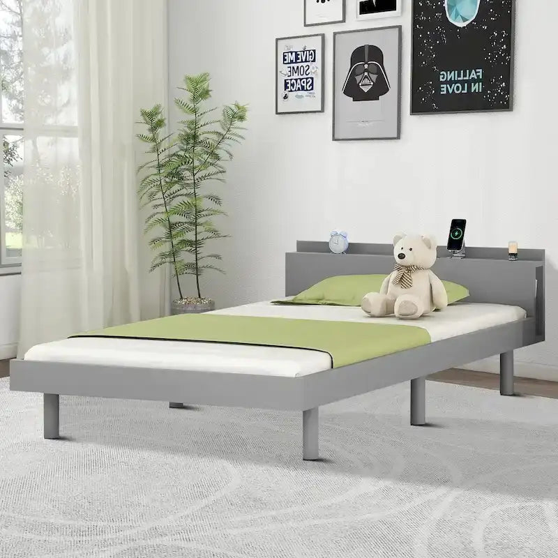 Minimalist Design Twin Size Wooden Platform Bed Frame with Charging Station