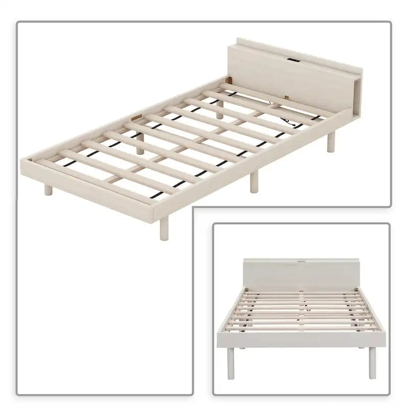 Minimalist Design Twin Size Wooden Platform Bed Frame with Charging Station