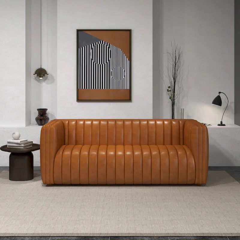 Mid Century Modern Luxury Tight Back Geniune Leather Couch in Cognac Tan