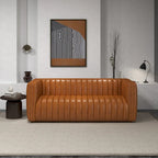 Mid Century Modern Luxury Tight Back Geniune Leather Couch in Cognac Tan