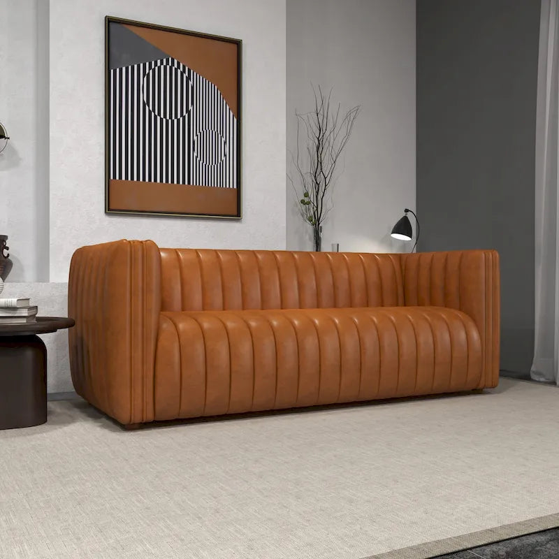 Mid Century Modern Luxury Tight Back Geniune Leather Couch in Cognac Tan
