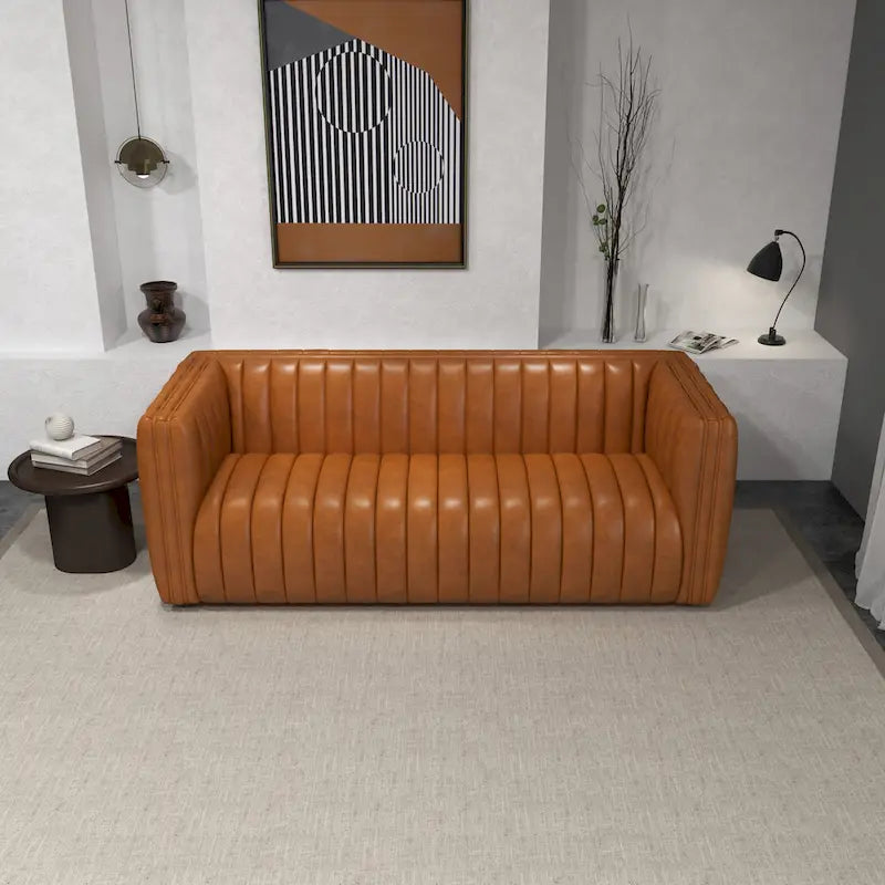 Mid Century Modern Luxury Tight Back Geniune Leather Couch in Cognac Tan
