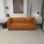Mid Century Modern Luxury Tight Back Geniune Leather Couch in Cognac Tan