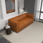 Mid Century Modern Luxury Tight Back Geniune Leather Couch in Cognac Tan