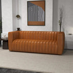 Mid Century Modern Luxury Tight Back Geniune Leather Couch in Cognac Tan