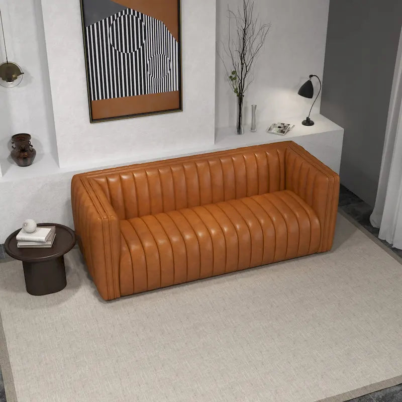 Mid Century Modern Luxury Tight Back Geniune Leather Couch in Cognac Tan
