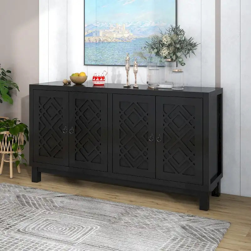 Large Storage Space Sideboard, 4 Door Buffet Cabinet with Pull Ring Handles for Living Room, Dining Room (Navy)