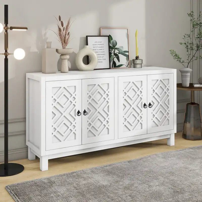 Large Storage Space Sideboard, 4 Door Buffet Cabinet with Pull Ring Handles for Living Room, Dining Room (Navy)