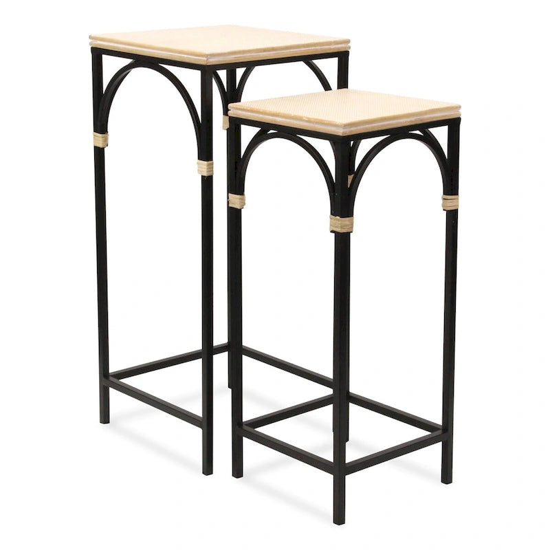Rattan Accented Wood & Metal Square Side Tables