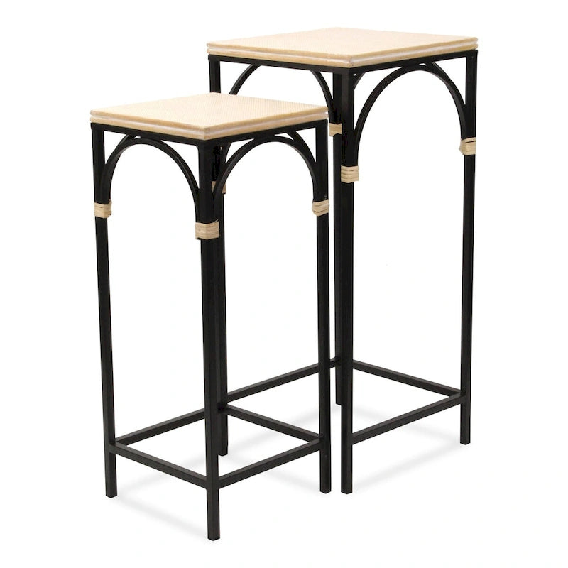 Rattan Accented Wood & Metal Square Side Tables