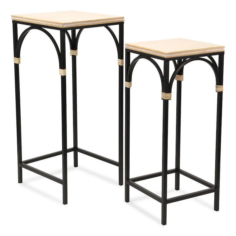 Rattan Accented Wood & Metal Square Side Tables