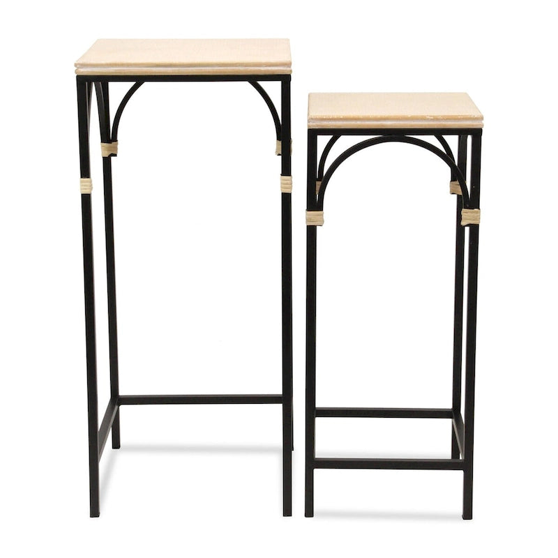 Rattan Accented Wood & Metal Square Side Tables