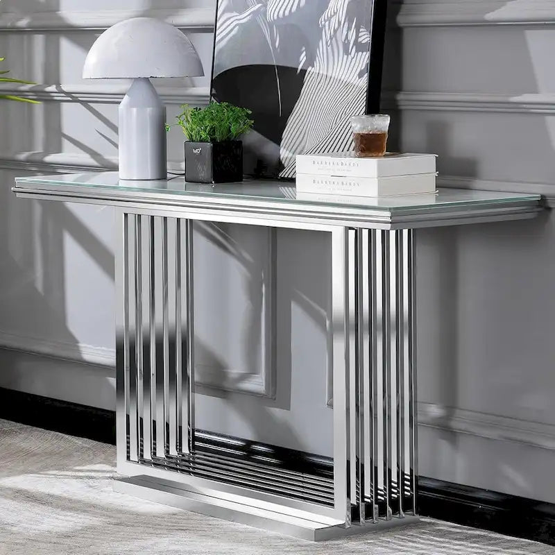 Glam 60 inch Rectangular Glass Console Table with Brushed Gold Stainless Steel Base