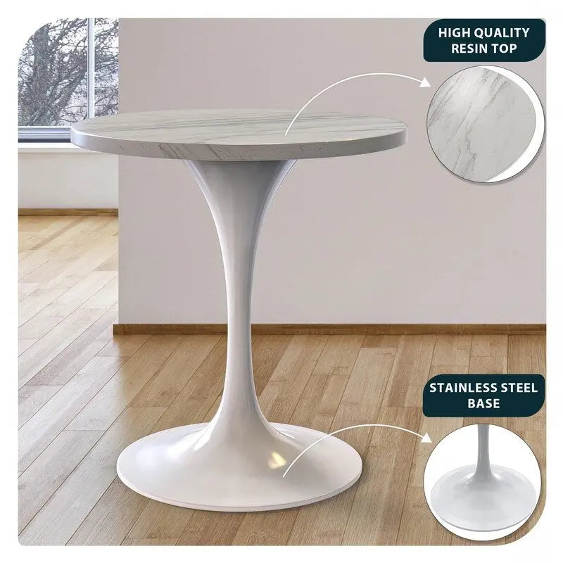 Verve Round Dining Table with White Resin TableTop and White Steel Base for Kitchen & Dining Room