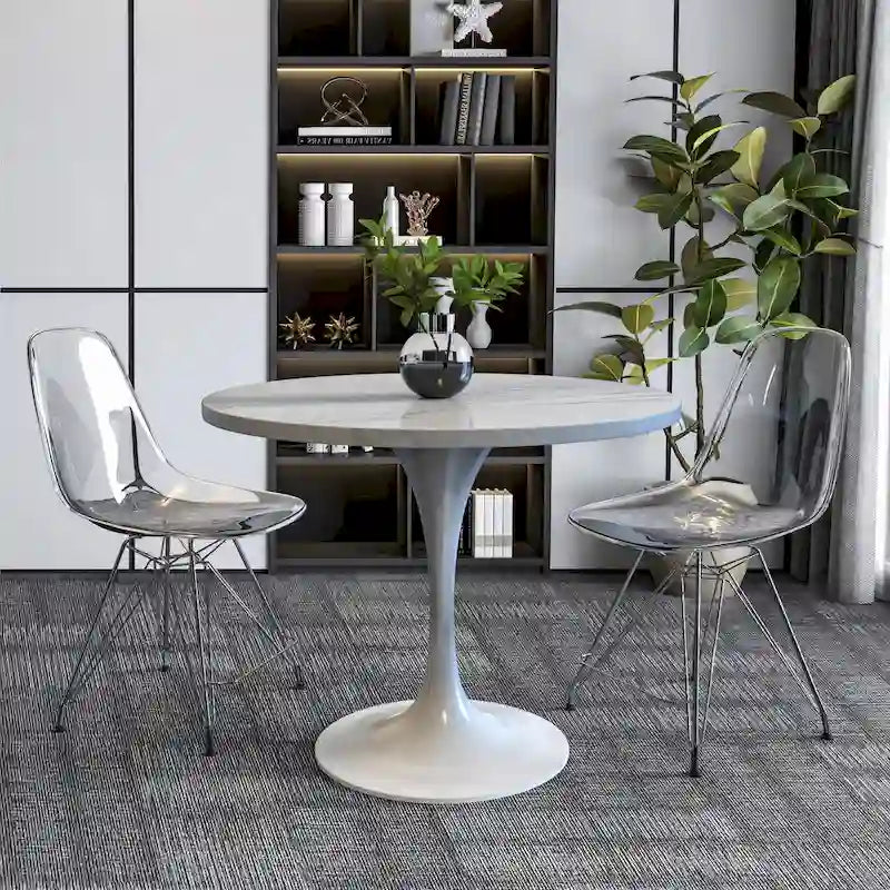 Round Dining Table with White Resin TableTop and White Steel Base for Kitchen & Dining Room