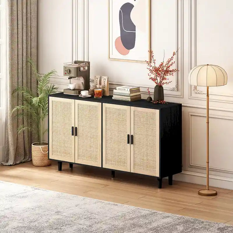 Functional 4 Door Rattan Decorative Storage Cabinet
