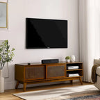 59 Inch Rattan TV Stand for 65 Inch TV,Entertainment Cabinet,Media Console,Solid Wood Feet & Rattan Cabinet Doors - Light Wood