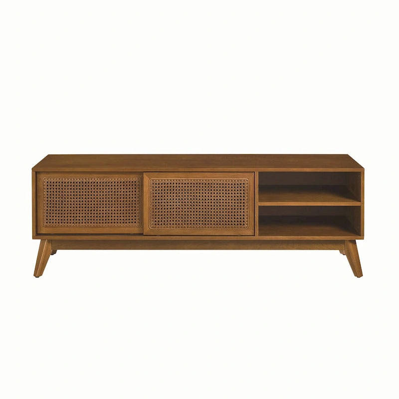 59 Inch Rattan TV Stand for 65 Inch TV,Entertainment Cabinet,Media Console,Solid Wood Feet & Rattan Cabinet Doors - Light Wood