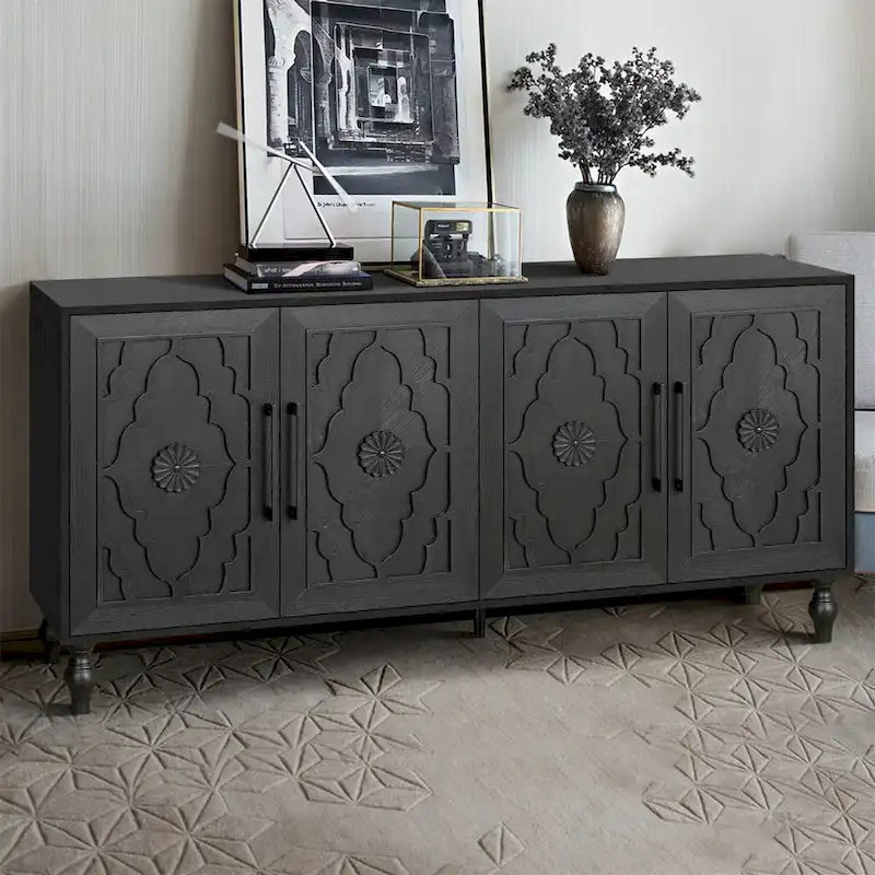 Carved Flower Door Large Storage Cabinet with Metal Handle