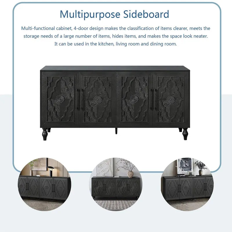 Carved Flower Door Large Storage Cabinet with Metal Handle